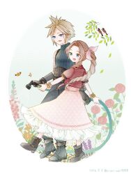  1boy 1girl 2026 aerith_gainsborough arm_belt belt black_boots black_gloves black_pantyhose blue_eyes blue_shirt bluelimbo8888 boots bracelet braid braided_ponytail brown_belt brown_boots brown_hair cloud_strife cropped_jacket dated dress final_fantasy final_fantasy_vii final_fantasy_vii_remake full_body gloves gold_bangle green_eyes hair_ribbon highres holding holding_hose hose jacket jewelry long_dress long_hair multiple_bracelets open_mouth pantyhose parted_bangs pink_dress pink_ribbon red_jacket ribbed_shirt ribbon shirt short_hair short_sleeves sidelocks silver_bangle single_bare_shoulder single_braid smile spiky_hair suspenders twitter_username 