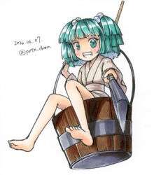  1girl barefoot blush bucket cleaver commentary_request dated full_body green_eyes green_hair grey_kimono grin hair_bobbles hair_ornament holding holding_cleaver in_bucket in_container japanese_clothes kimono kisume long_sleeves proton smile soles solo toes touhou twintails twitter_username wide_sleeves wooden_bucket 