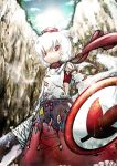  animal_ears bad_id bow cloud clouds hat inubashiri_momiji koohee red_eyes scarf shield short_hair sibanoue solo sun sword tokin_hat touhou weapon white_hair wolf_ears 