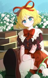  1girl back_bow blonde_hair blue_eyes blush bow bowtie brown_shoes chimi_(s2yuyukos2) closed_mouth collared_shirt commentary doll_joints expressionless flower frilled_shirt_collar frills hair_ribbon highres joints lily_of_the_valley looking_at_viewer medicine_melancholy outdoors puffy_short_sleeves puffy_sleeves red_bow red_bowtie red_ribbon red_shirt red_skirt ribbon ribbon-trimmed_shirt ribbon-trimmed_skirt ribbon_trim shirt shoes short_hair short_sleeves sitting skirt socks solo touhou white_bow white_flower white_socks 