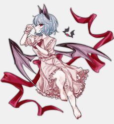  1girl animal_ears ascot barefoot bat_ears bat_girl bat_wings blue_hair collared_shirt commentary_request frilled_shirt_collar frilled_skirt frills grey_background highres kemonomimi_mode missing_headwear nail_polish paw_pose pink_shirt pink_skirt puffy_short_sleeves puffy_sleeves red_ascot red_eyes red_nails remilia_scarlet ribbon-trimmed_skirt ribbon_trim sanagi2naritai4 shirt short_sleeves simple_background skirt skirt_set solo toenail_polish toenails toes touhou wings 