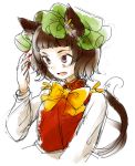  alternate_hairstyle animal_ears bad_id bangs blunt_bang blunt_bangs bowtie brown_eyes brown_hair bust cat_ears cat_tail chen earrings face fang hands hat jewelry multiple_tails nail_polish short_hair simple_background sketch solo tail touhou yukizen 