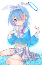  1girl absurdres arona_(blue_archive) bad_id bad_pixiv_id blue_archive blue_eyes blue_halo blush braid choker closed_mouth colored_inner_hair hair_over_one_eye hairband halo haro_(1026_86) highres long_sleeves looking_at_viewer midriff_peek multicolored_hair navel partially_submerged pleated_skirt sailor_collar short_hair side_braid single_braid sitting skirt solo two-tone_hair wariza water white_background white_choker white_hairband white_sailor_collar white_skirt 