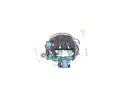  1girl ^^^ black_hair blue_hair blush_stickers character_request chibi chibi_only colored_inner_hair commentary_request copyright_request cropped_torso crossed_bangs hair_between_eyes holding holding_notebook jitome kamidate_funo long_sleeves multicolored_hair notebook short_hair simple_background solo translation_request twitter_username white_background 