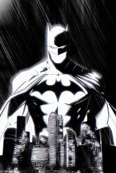  1boy bat_mask batman batman_(series) batman_symbol belt black_cape bodysuit cape commentary cowl dc_comics gotham grey_bodysuit highres male_focus monochrome multicolored_bodysuit multicolored_suit rain smallstarrrr solo superhero_costume taut_bodysuit taut_clothes two-tone_bodysuit two-tone_suit utility_belt 