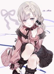  1girl :d :p ;d absurdres black_ribbon black_skirt black_socks blue_eyes blue_ribbon blush breasts ceras_yanagida_lilienfeld ceras_yanagida_lilienfeld_(birthday_jirai_kei) closed_mouth commentary dkou feet_out_of_frame frilled_shirt frilled_skirt frilled_sleeves frilled_socks frills grey_hair hair_bun highres jirai_kei looking_at_viewer love_live! love_live!_hasu_no_sora_jogakuin_school_idol_club medium_breasts miniskirt neck_ribbon one_eye_closed pink_shirt ribbon shirt sidelocks single_side_bun sitting skirt smile socks solo tongue tongue_out twitter_username untranslatable_commentary virtual_youtuber white_background 