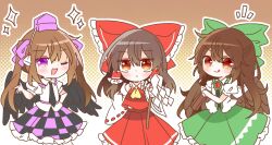  3girls :q arm_cannon ascot bird_wings black_necktie black_skirt black_wings bow brown_background brown_hair brown_wings cape checkered_clothes checkered_skirt chest_eye closed_mouth collared_shirt color_connection commentary_request control_rod_(touhou) detached_sleeves feathered_wings frilled_bow frilled_hair_tubes frilled_shirt_collar frilled_skirt frills gohei green_bow green_skirt hair_bow hair_color_connection hair_tubes hakurei_reimu hat himekaidou_hatate holding holding_gohei long_hair looking_at_viewer multiple_girls necktie one_eye_closed open_mouth print_cape puffy_short_sleeves puffy_sleeves purple_hat purple_ribbon purple_skirt red_bow red_eyes red_skirt reiuji_utsuho ribbon ribbon-trimmed_sleeves ribbon_trim shirt short_sleeves skirt skirt_set smile starry_sky_print third_eye tokin_hat tongue tongue_out touhou twintails two-sided_cape two-sided_fabric two-tone_skirt very_long_hair wakana1327 weapon white_cape white_shirt wings yellow_ascot 