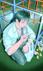  1boy bag black_hair can collared_shirt commentary_request facial_hair flower highres holding holding_can looking_at_viewer male_focus mature_male original outdoors pants plastic_bag shirt solo squatting stubble white_shirt zain 