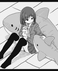  1girl :/ black_thighhighs commentary empty_eyes greyscale hamsterfragment holding holding_stuffed_toy ikea_shark jacket letterboxed medium_hair miniskirt monochrome on_floor original school_uniform shinohata_sachie_(hamsterfragment) shirt sitting skirt solo stuffed_animal stuffed_shark stuffed_toy thigh-highs 