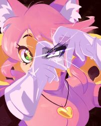  1girl animal_ears artist_name bell black_background black_sleeves breasts bright_pupils cat_ears cat_tail colored_skin commentary covered_face deltarune english_commentary explodable_(artist) ghost_pink_(deltarune) gloves green_pupils heart heart_hands heterochromia highres jingle_bell looking_at_viewer mad_mew_mew medium_breasts multicolored_skin pink_fur pink_hair puffy_short_sleeves puffy_sleeves purple_skin short_sleeves sidelocks simple_background solo sparkling_eyes tail two-tone_skin utdr_(toby_fox) white_gloves white_pupils 