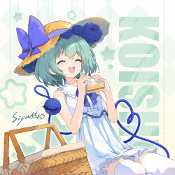  1girl :d ^_^ artist_name basket blue_bow blue_bowtie blue_flower blue_ribbon blue_rose bow bowtie brown_hair character_name chinese_commentary closed_eyes commentary_request disembodied_linked_eye dress flower food frilled_shirt_collar frills green_background hat hat_bow hat_ribbon heart heart_of_string highres holding holding_food holding_sandwich komeiji_koishi open_mouth ribbon rose sandwich second-party_source short_hair siyumu sleeveless sleeveless_dress smile solo star_(symbol) straw_hat teeth thigh-highs touhou upper_teeth_only white_dress white_thighhighs 