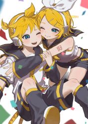  1boy 1girl bare_shoulders black_sailor_collar black_shorts blonde_hair blue_eyes bow_hairband brother_and_sister commentary detached_sleeves hair_ornament hairband hairclip headset highres hug kagamine_len kagamine_rin number_tattoo one_eye_closed open_mouth sailor_collar shirt shoe_soles shoes short_hair shorts shoulder_tattoo siblings sleeveless sleeveless_shirt smile tattoo teeth upper_teeth_only vo_ov_b vocaloid white_shirt white_shoes 