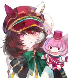  1girl animal_ears bow brown_hair chinese_commentary closed_mouth commentary ear_covers ears_through_headwear hair_between_eyes hand_puppet hat highres horse_ears horse_girl jacket long_sleeves looking_at_viewer luhuayoushiyiy1 marche_lorraine_(racing)_(umamusume) marche_lorraine_(umamusume) mismatched_ear_covers puppet simple_background smile solo treble_clef umamusume upper_body violet_eyes white_background white_jacket 