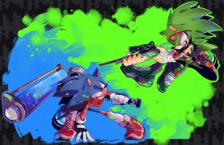  absurdres artist_name english_commentary eyewear_on_head furry furry_male glasses grin gun hedgehog_boy highres holding holding_gun holding_paint_roller holding_weapon looking_at_another male_focus neckerchief open_mouth over_shoulder paint_roller red_neckerchief rifle scar scar_on_arm scar_on_chest scope scourge_the_hedgehog smile sniper_rifle sonic_(series) sonic_the_hedgehog sonic_the_hedgehog_(archie_comics) splatoon_(series) weapon weapon_over_shoulder weapon_request yu33_pm 