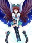  alternate_weapon arm_cannon bad_id boots brown_hair cape cross-laced_footwear highres lace-up_boots plaid plaid_skirt purple_eyes red_eyes reiuji_utsuho skirt solo third_eye touhou tri weapon wings 
