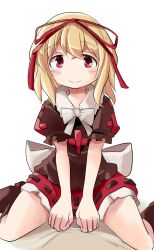  alternate_eye_color black_shirt blonde_hair blush bow commentary_request frilled_shirt_collar frilled_skirt frilled_sleeves frills highres legs medicine_melancholy mukuroi one-hour_drawing_challenge puffy_short_sleeves puffy_sleeves red_bow red_eyes red_skirt ribbon shirt short_hair short_sleeves sitting skirt smile spread_legs thighs touhou wariza white_ribbon 