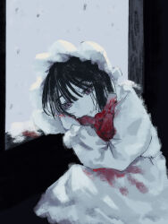  1girl absurdres alien_stage black_hair blood blood_on_clothes bonnet commentary dress head_rest highres ptk77ro short_hair solo sua_(alien_stage) white_bonnet white_dress 