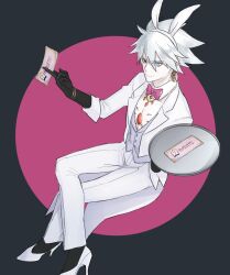  1boy animal_ear_hairband animal_ears black_gloves black_socks blue_eyes butler commentary_request crossed_legs detached_collar earrings eyeliner eyes_visible_through_hair fake_animal_ears fate/extra fate/extra_ccc fate_(series) from_side gloves grey_vest hair_between_eyes hairband heterochromia high_heels highres holding holding_tray jacket jewelry karna_(fate) konoyono_(tuki_hana_teppou) looking_at_viewer makeup male_focus male_playboy_bunny rabbit_ear_hairband rabbit_ears red_eyeliner red_eyes single_earring sleeves_rolled_up socks solo tray vest white_hair white_jacket 