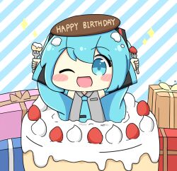  1girl :d ;d blue_eyes blue_hair blue_necktie blush_stickers box cake chibi chibi_only commentary_request detached_sleeves double-parted_bangs food fork fruit gift gift_box happy_birthday hatsune_miku holding holding_fork in_food long_hair necktie nukotun one_eye_closed open_mouth smile solo strawberry twintails upper_body vocaloid 