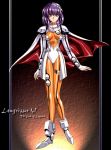  armor bodysuit breasts brown_eyes gloves hairband lambda_(langrisser) langrisser langrisser_v leg_garter official_art purple_hair scan serious shoes short_hair solo urushihara_satoshi 