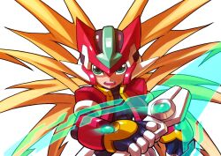  1boy absurdres armor blonde_hair bodysuit commentary_request cropped_jacket energy_sword helmet hi-go! highres holding holding_sword holding_weapon jacket long_hair male_focus mega_man_(series) mega_man_zx model_zx_(mega_man) open_clothes open_jacket power_armor red_armor red_helmet red_jacket simple_background solo sword vent_(mega_man) weapon white_background 