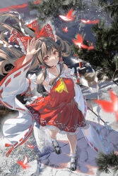  1girl absurdres al_guang black_shoes bow brown_hair bug butterfly chinese_commentary commentary_request detached_sleeves floating_hair from_above full_body hair_bow hakurei_reimu hand_up highres japanese_clothes long_hair long_sleeves looking_at_viewer miko outdoors parted_lips red_bow red_butterfly red_eyes shoes socks solo standing touhou white_socks wide_sleeves 