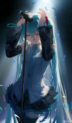  1girl absurdres aqua_eyes aqua_hair aqua_necktie aqua_trim arms_up artist_name backlighting black_background black_skirt black_sleeves black_thighhighs breasts chinese_commentary commentary_request confetti cowboy_shot detached_sleeves diffraction_spikes double-parted_bangs grey_shirt hair_between_eyes hair_ornament half-closed_eyes hatsune_miku highres light_frown light_particles long_sleeves looking_down microphone microphone_stand miniskirt necktie pamafff pleated_skirt shirt signature skirt sleeveless sleeveless_shirt small_breasts solo spotlight thigh-highs tie_clip twintails vocaloid watermark weibo_username weibo_watermark zettai_ryouiki 
