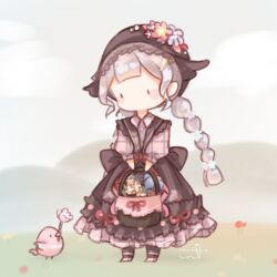 1girl apron baby_animal back_bow basket beads bird black_apron black_bow black_eyes black_headscarf black_socks blue_sky blunt_bangs blunt_ends blush_stickers bow braid buttons chibi chick chinese_commentary clouds collared_dress commentary_request country_lolita day downturned_eyes dress floral_print flower frilled_apron frills green_pastoral_(shining_nikki) grey_flower grey_hair hair_flower hair_ornament hat hat_flower headscarf hill holding holding_basket interruption_(echo-023) lace-trimmed_headwear lace_trim lolita_fashion long_hair long_sleeves looking_at_animal low_twin_braids nikki_(series) no_mouth official_alternate_color outdoors pink_dress pink_shoes plaid_clothes plaid_dress print_apron puffy_long_sleeves puffy_sleeves purple_flower red_bow red_flower red_ribbon ribbon ribbon-trimmed_apron ribbon_trim shining_nikki shoes sky socks solid_oval_eyes solo twin_braids unmoving_pattern very_long_hair waist_bow white_flower 