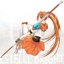  1girl 2011 ahoge arm_rest armor artist_name bo_staff brown_gloves brown_hair character_name closed_mouth clothes_lift commentary_request cropped_jacket dated eiyuu_densetsu estelle_bright fingerless_gloves floating floating_hair from_behind full_body gloves gradient_background grey_background hair_between_eyes hair_intakes hand_on_own_knee holding holding_staff holding_weapon light_smile long_hair looking_at_viewer orange_shoes orange_skirt pauldrons red_eyes saya001 shoes short_sleeves shoulder_armor simple_background single_pauldron skirt skirt_lift sneakers solo sora_no_kiseki staff twintails very_long_hair weapon wispy_bangs 