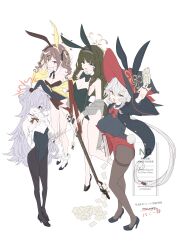 4girls absurdres animal_ears bare_legs bare_shoulders black_leotard blonde_hair blue_archive bow bowtie breasts brown_hair brown_halo card detached_collar diagonal-striped_ribbon electric_guitar eri_(blue_archive) eyeball_hair_ornament fake_animal_ears full_body green_hair guitar hair_over_one_eye halo hat highres holding holding_card instrument jewelry kanoe_(blue_archive) large_breasts leotard long_hair long_sleeves mojyo multicolored_hair multiple_girls occult_studies_club_(blue_archive) orange_halo pantyhose playboy_bunny rabbit_ears rabbit_tail red_leotard rena_(blue_archive) ring scar scar_on_neck strapless strapless_leotard streaked_hair tail tsumugi_(blue_archive) twintails two_side_up white_background white_hair white_wrist_cuffs wide_sleeves witch_hat wrist_cuffs yatsuka_(846) 