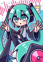  1girl akina_mochi aqua_eyes aqua_hair aqua_necktie audio_visualizer beamed_eighth_notes black_skirt black_sleeves black_thighhighs blue_background blush_stickers commentary deformed detached_sleeves downwards_triangle_mouth eighth_note grey_shirt hair_between_eyes hair_ornament half_note hands_up hatsune_miku headset highres invisible_chair long_hair musical_note necktie number_tattoo outline raised_inner_eyebrows shirt shoulder_tattoo sitting skirt sleeveless sleeveless_shirt solo speaker star_(symbol) tattoo thigh-highs triangle_mouth twintails untranslatable_commentary very_long_hair vocaloid white_background white_outline 