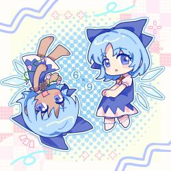  2conut 2girls barefoot blue_bow blue_dress blue_eyes blue_hair blue_outline blush bow chibi chibi_only circled_9 cirno collared_shirt commentary_request detached_wings dress dual_persona flower full_body hair_bow highres ice ice_wings looking_at_viewer morning_glory multiple_girls neck_flower neck_ribbon open_mouth outline pinafore_dress pink_flower puffy_short_sleeves puffy_sleeves red_ribbon ribbon shirt short_sleeves sleeveless sleeveless_dress smile socks sunflower tan tanned_cirno touhou upside-down white_shirt white_socks wings 