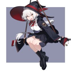  1girl absurdres black_hat black_jacket black_shirt black_shoes black_skirt black_socks blue_archive bolt_action bow bowtie breasts carcano commentary_request eri_(blue_archive) frogsnake full_body grey_background gun hat highres holding holding_gun holding_weapon jacket large_breasts long_hair open_mouth red_bow red_bowtie rifle shirt shoes simple_background sitting skirt smile socks solo weapon white_background white_hair white_shirt witch_hat yellow_eyes 