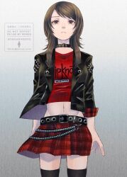  1girl 38 adapted_costume arms_at_sides belt belt_buckle belt_collar black_belt black_collar black_jacket black_thighhighs brown_hair buckle closed_mouth collar commentary_request cowboy_shot crop_top fatal_frame fatal_frame:_maiden_of_black_water gradient_background grey_background jacket kozukata_yuuri leather leather_jacket long_hair long_sleeves looking_at_viewer midriff miniskirt navel official_alternate_costume open_clothes open_jacket plaid_clothes plaid_skirt red_shirt red_skirt shirt skirt slipknot solo standing studded_belt studs thigh-highs twitter_username variant_set watermark zettai_ryouiki 