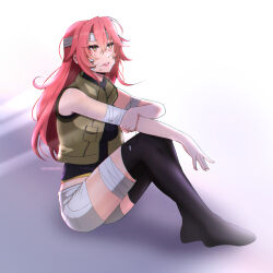  1girl artist_name azumishard bandaged_head bandaged_leg bandages bare_arms bare_shoulders black_thighhighs black_undershirt blood blood_on_face cropped_jacket crying crying_with_eyes_open eiyuu_densetsu english_commentary gauze gauze_on_cheek green_jacket grey_shorts hand_on_own_arm highres jacket long_hair parted_lips pink_hair pink_lips sara_valestein sen_no_kiseki_(series) shirt short_shorts shorts sidelighting sidelocks sitting sleeveless sleeveless_jacket sleeveless_shirt solo streaming_tears tears thigh-highs yellow_eyes 