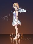  angel barefoot blonde_hair blue_eyes candle dreamcatcher highres original ponytail solo translated wings 