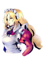  1girl alternate_eye_color ardalinea black_ribbon blonde_hair commentary dress english_commentary expressionless frills hair_ornament long_hair long_sleeves maid maid_headdress puffy_sleeves red_dress red_eyes ribbon simple_background sketch solo touhou touhou_(pc-98) upper_body white_background yumeko_(touhou) 