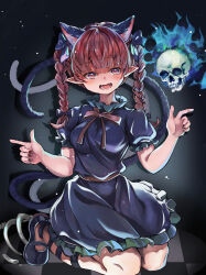  1girl agedashi animal_ear_fluff animal_ears black_dress black_ribbon black_shoes bow braid breasts cat_ears cat_tail checkered_floor commentary dress extra_ears fire flaming_skull floating_skull frilled_dress frills hair_bow highres kaenbyou_rin leg_ribbon long_hair looking_at_viewer multiple_tails neck_ribbon nekomata open_mouth pointy_ears puffy_short_sleeves puffy_sleeves red_eyes red_hair red_nails red_ribbon ribbon shadow shoes short_sleeves sitting skull small_breasts smile solo tail touhou twin_braids two_tails untranslatable_commentary 