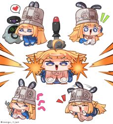 +_+ 1girl absurdres ahoge bangboo_(zenless_zone_zero) blonde_hair blue_eyes blue_jacket blush chibi chibi_only closed_eyes closed_mouth commentary firing grey_hat hat heart highres holding holding_wrench jacket large_hat long_hair missile multiple_views norma_hollowell open_mouth seogu_tjwn shako_cap simple_background spoken_heart white_background wrench zenless_zone_zero 