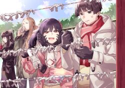  1girl 1other 2boys amazake_(drink) anger_vein asahi_sas_brutus au_ra black_hair black_horns black_scales bowl_cut coat commentary dragon_horns english_commentary final_fantasy final_fantasy_xiv flower gloves hair_flower hair_ornament hatsumode high_ponytail highres holding holding_omikuji horns hyur izumi_tol_amulius long_hair multiple_boys new_year omikuji open_mouth original ponytail red_eyes scales scarf short_hair sikiso_soso smile yotsuyu_goe_brutus zenos_yae_galvus 