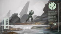  1boy absurdres armor assault_rifle binary bullpup combat_helmet english_commentary fog from_behind full_armor full_body green_armor green_helmet gun halo_(series) helmet highres holding holding_gun holding_weapon ma5 marathon_logo master_chief nature oni_(emblem) orange_assault_visor outdoors power_armor rifle rock science_fiction signature soldier solo soul_ant19 spartan_(halo) stream superintendent_(halo) weapon 