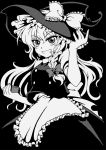  bow braid grin hair_bow hat highres kirisame_marisa long_hair macaroni_and_cheese monochrome smile solo touhou witch witch_hat 