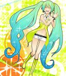  aqua_hair blush closed_eyes hatsune_miku headset long_hair midriff navel open_mouth project_diva project_diva_2nd shorts smile solo sparkle tomakoma twintails very_long_hair vocaloid yellow_(vocaloid) 