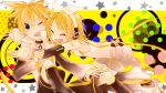  blonde_hair blue_eyes brother_and_sister detached_sleeves hair_ornament hair_ribbon hairclip headphones highres hug kagamine_len kagamine_len_(append) kagamine_rin kagamine_rin_(append) leg_warmers ribbon short_hair siblings smile twins ume_cake vocaloid vocaloid_append wince 