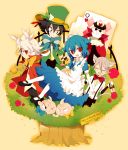  animal_ears bad_id baddap_sleed bunny_ears card cards character_request cheshire_cat cup dress eska_bamel floating_card flower hat inazuma_eleven inazuma_eleven_(series) mad_hatter mistorene_callus playing_card red_eyes red_rose rose sandai_mishima sandayu_mishima shichi teacup top_hat white_rabbit 