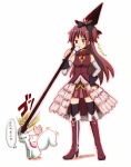  black_legwear black_thighhighs boots brown_eyes bubblegum detached_sleeves hand_on_hip hips jiima kyubey long_hair magical_girl mahou_shoujo_madoka_magica polearm ponytail red_hair redhead sakura_kyouko simple_background spear standing thigh-highs thighhighs translated translation_request weapon 
