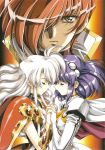  2girls 90s bodysuit cape claret_(langrisser) closed_eyes eyes_closed hair_over_eye hair_over_one_eye hairband hand_holding holding_hands lambda_(langrisser) langrisser langrisser_v long_hair multiple_girls pauldron pauldrons payot purple_hair red_hair redhead serious short_hair sigma_(langrisser) urushihara_satoshi white_hair wrist_cuffs yellow_eyes 