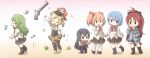  akemi_homura apple black_hair blonde_hair blue_hair charlotte_(madoka_magica) chibi denim denim_shorts food fruit green_hair gun highres kaname_madoka long_image magical_girl magical_musket mahou_shoujo_madoka_magica miki_sayaka multiple_girls musical_note pantyhose pink_hair red_hair redhead rifle sakura_kyouko school_uniform shizuki_hitomi shorts sparkle tamutamu-t tomoe_mami weapon wide_image 