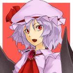  1girl ascot bat_wings brooch bust dress fang hat hat_ribbon hyounosen_ena jewelry looking_at_viewer mob_cap open_mouth puffy_sleeves purple_dress purple_hair red_eyes remilia_scarlet ribbon short_sleeves slit_pupils smile solo touhou wings 