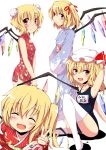  4girls blonde_hair bun_cover chatamaru_(irori_sabou) china_dress chinese_clothes clone costume_chart double_bun flandre_scarlet four_of_a_kind_(touhou) frown hat japanese_clothes kimono multiple_girls name_tag open_mouth red_eyes school_swimsuit short_hair side_ponytail smile solo swimsuit the_embodiment_of_scarlet_devil thigh-highs thighhighs touhou tyata-maru white_legwear white_thighhighs 